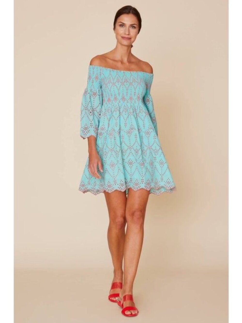 Modaposa Womens Turquoise Off-Shoulder Cotton Mini Dress With Embroidered Detail